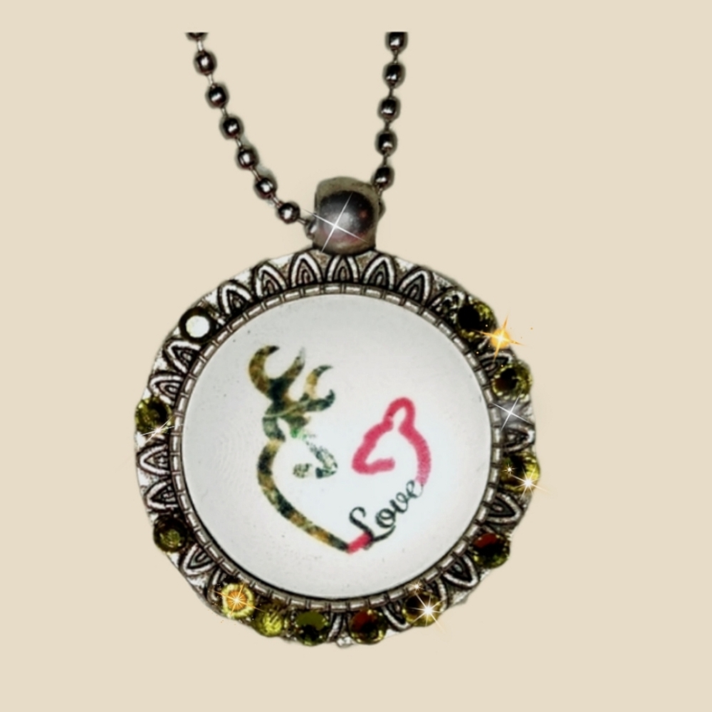 Browning Buck/Doe Pink & Green Round Cabachon Pendant w/ Olive Green Crystals